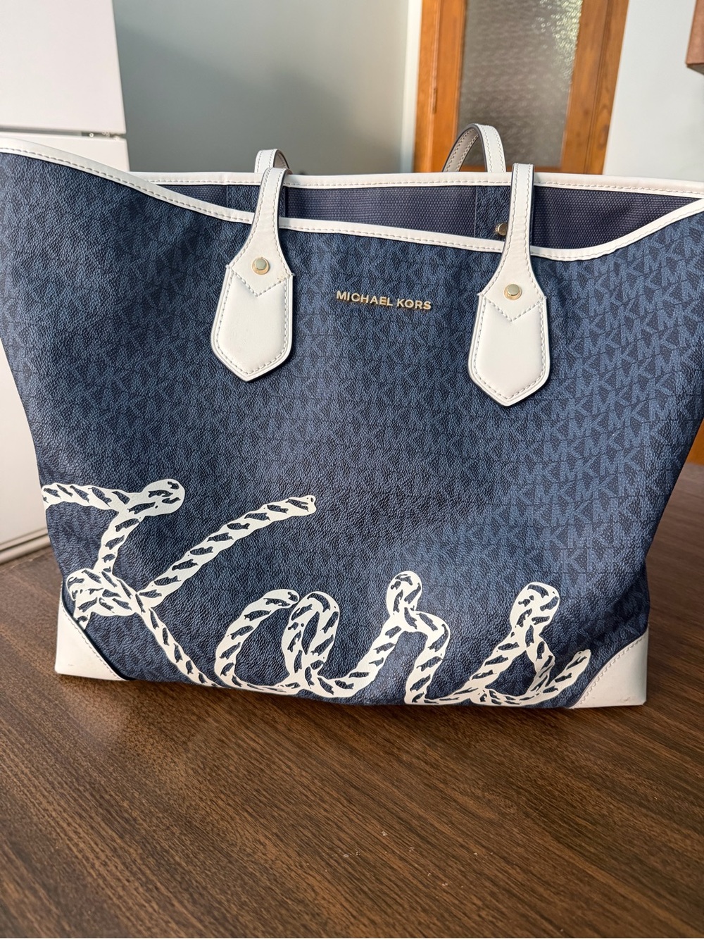 Michael Kors Navy and White Rope Script Tote